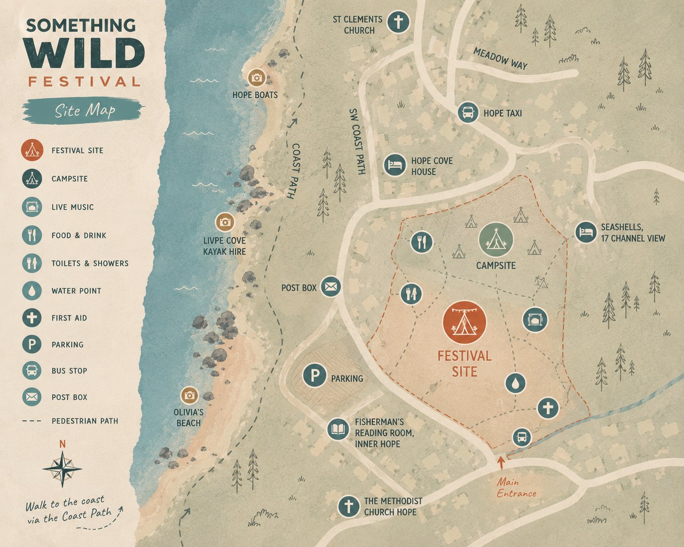 Something Wild Festival campsite and site map for Hope Cove, Devon.